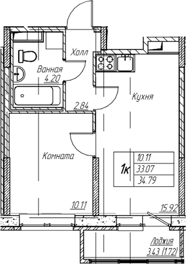 1-комнатная квартира 34.79 м², 2/22 эт., ЖК «Парк-квартал Юнтолово»